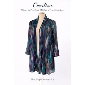 Creation Womens Plus Size 3X Open Front Cardigan Blue Purple Watercolor Abstract